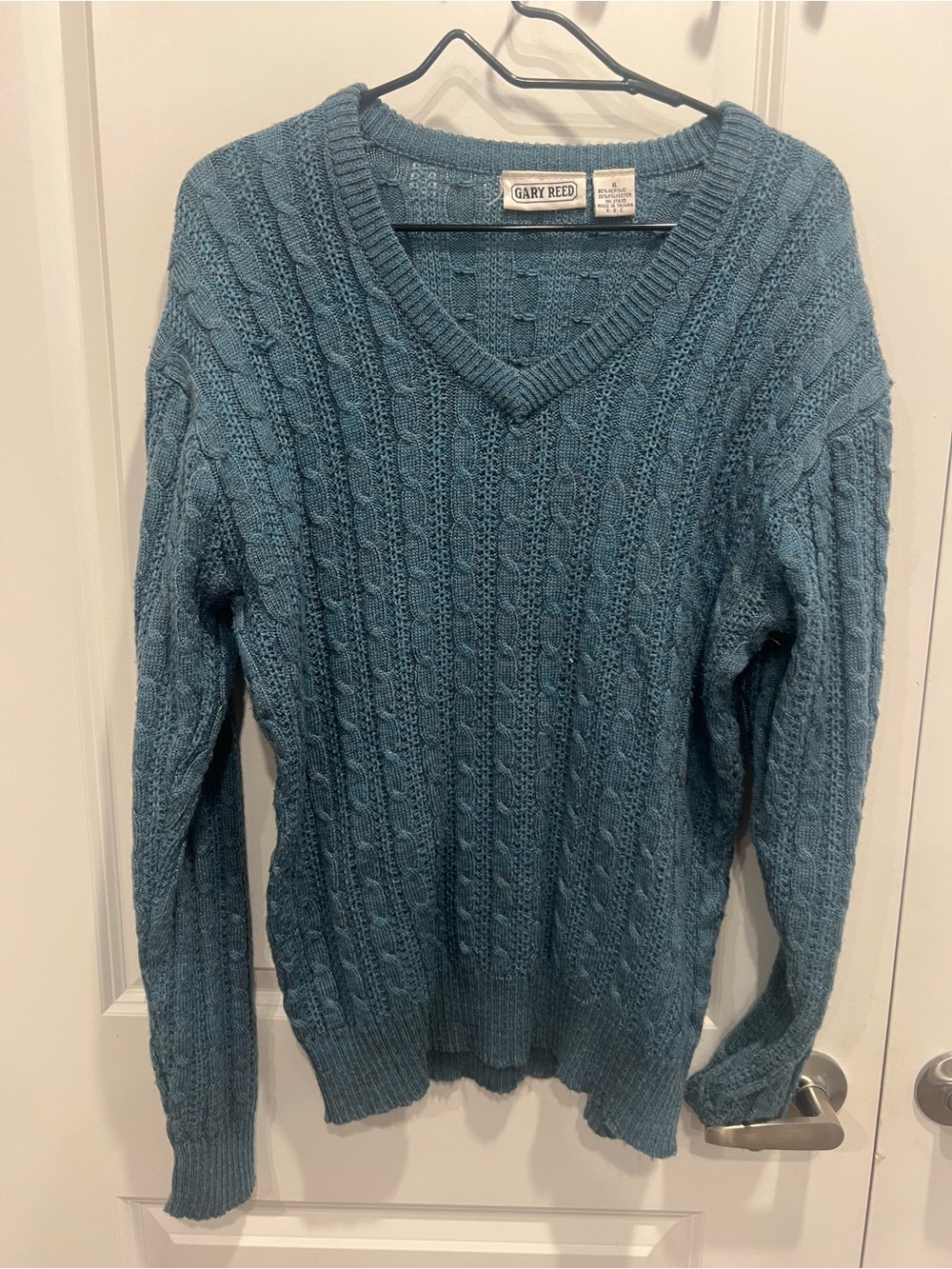 Women's Teal Cable Knit V-Neck Sweater